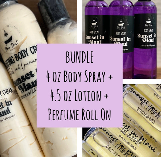 Pick Your Scent 4 oz Body Spray + 4.5 oz Body Cream Lotion + Perfume Roll On - Pixie Dust Bath Company