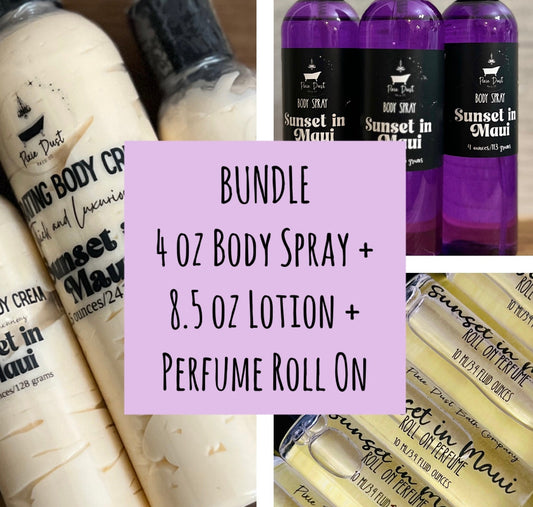 Pick Your Scent 4 oz Body Spray + 8.5 oz Body Cream Lotion + Perfume Roll On - Pixie Dust Bath Company